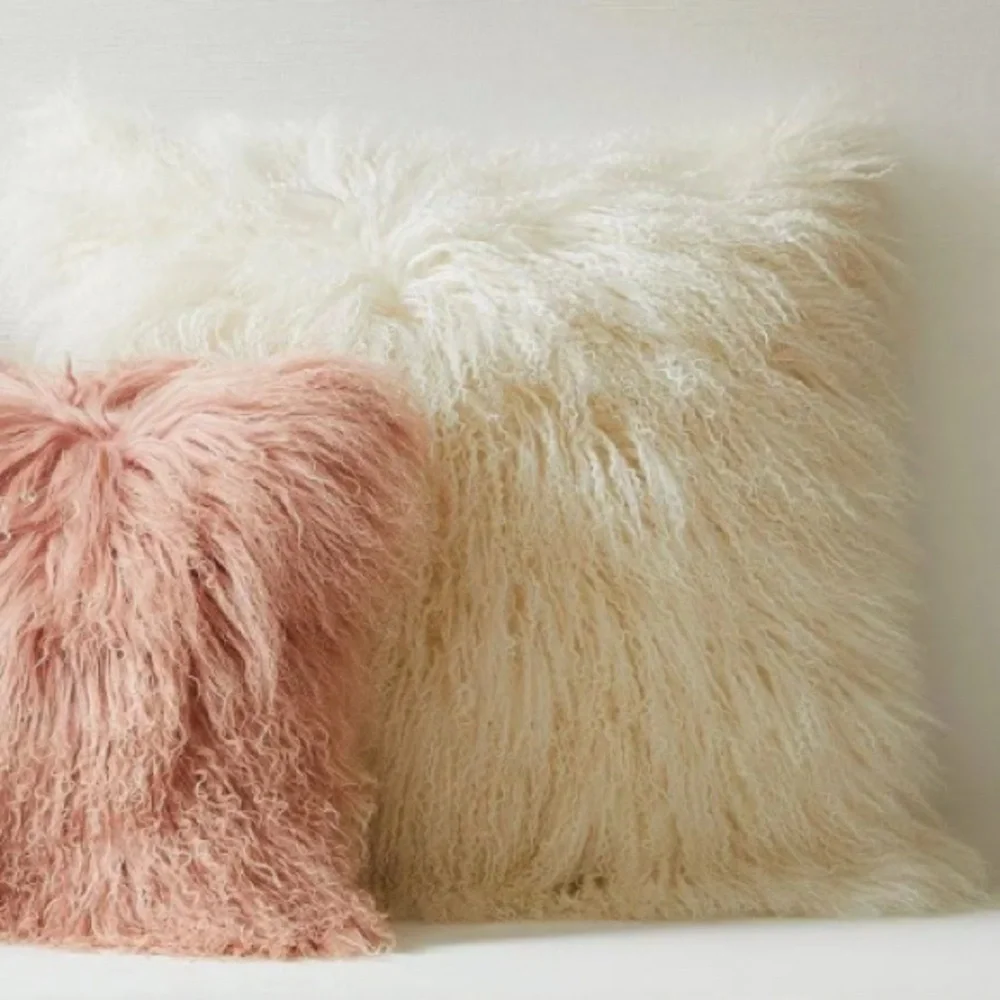 Anthropologie Ivory Mongolian Lamb Pillow